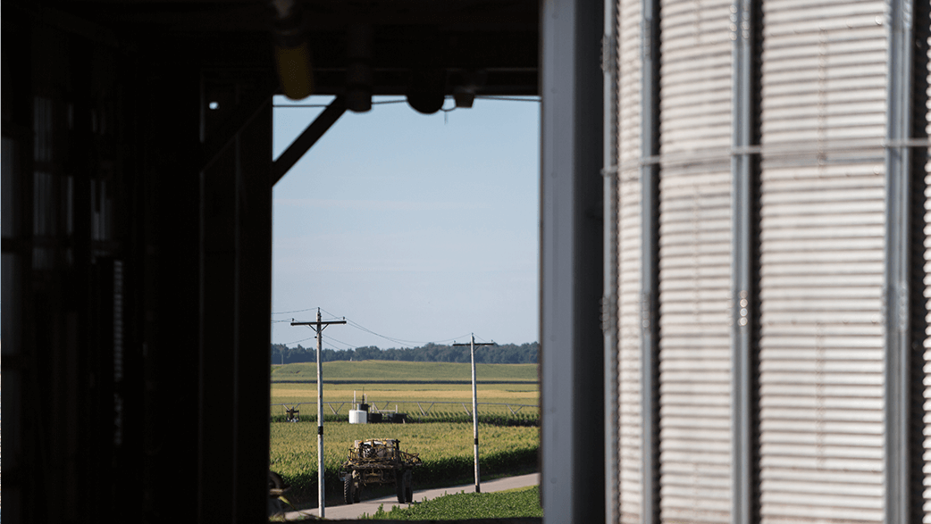 A Field Of Corn Next To A Silo