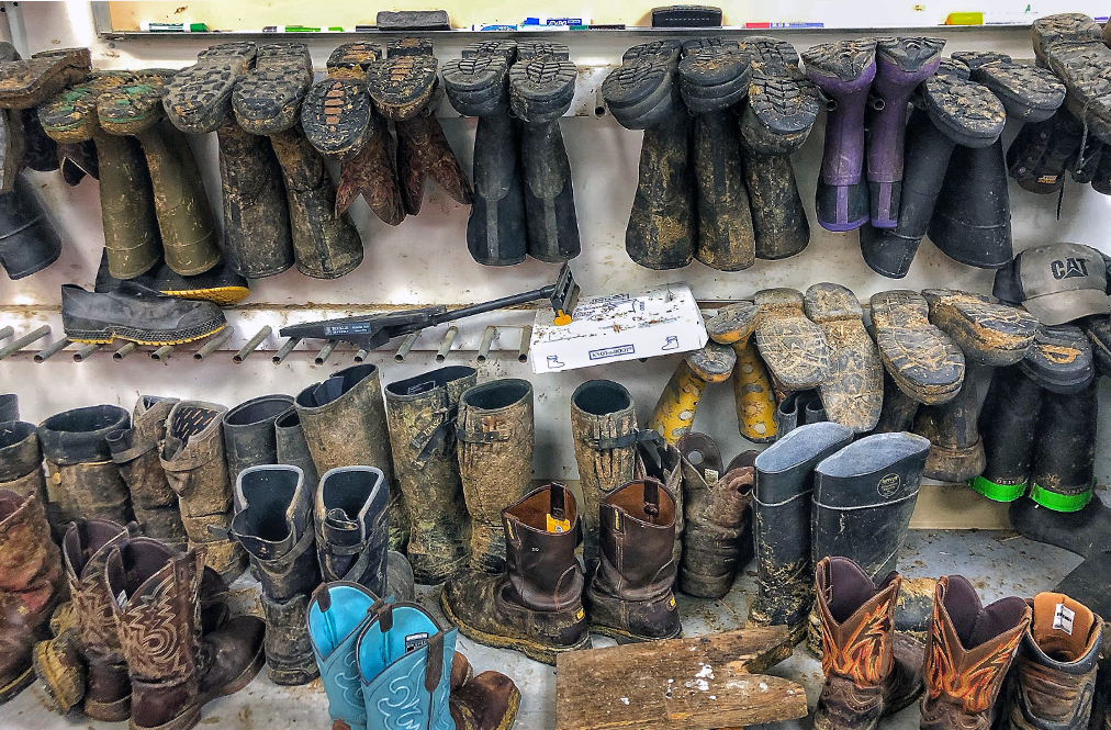 Muddy Boots Lined Up At The Purina Animal Nutrition Research Center