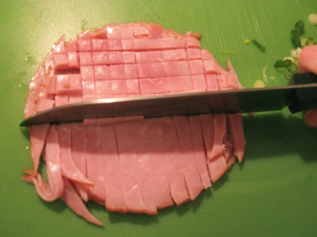 Slice the ham into small cubes