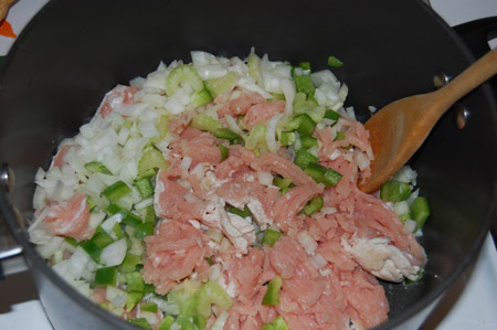 making chili, ground turkey, onion, green pepper, celery