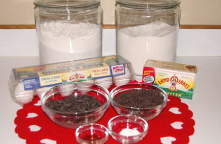 cookie ingredients, chocolate, butter, eggs