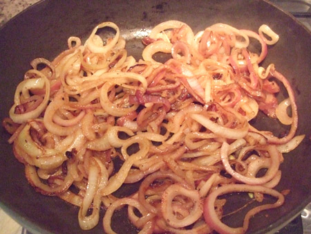 onions, softened, skillet