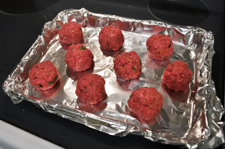 meatballs, pan, aluminum foil