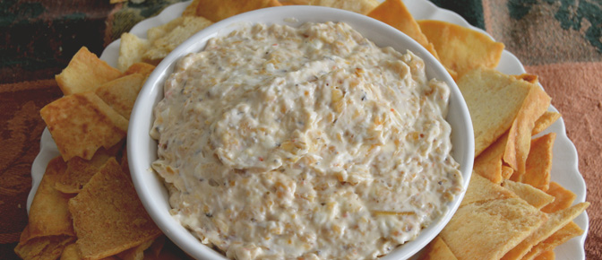 Finished Onion Dip with Pita Chips