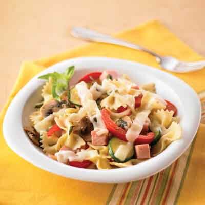 ham veggie pasta with swiss