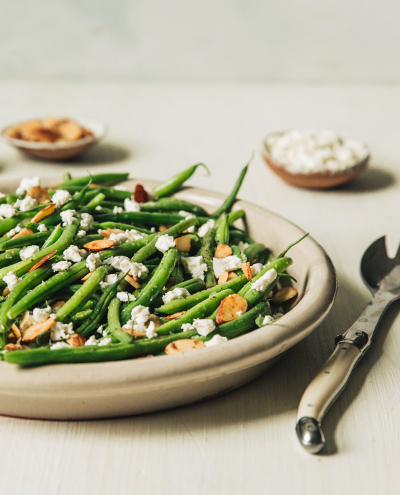 Pan Roasted Green Beans With Candied Almonds And Fresh Goat Cheese