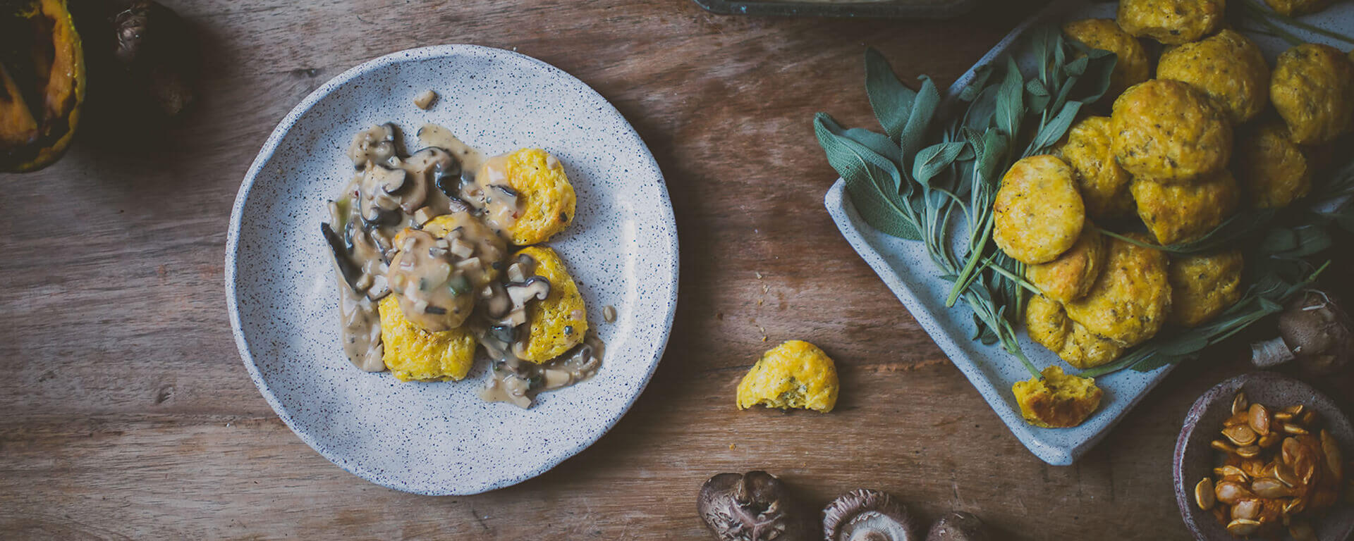 Shiitake + King Oyster Mushroom Crème Fraîche Gravy And Kabocha Sage