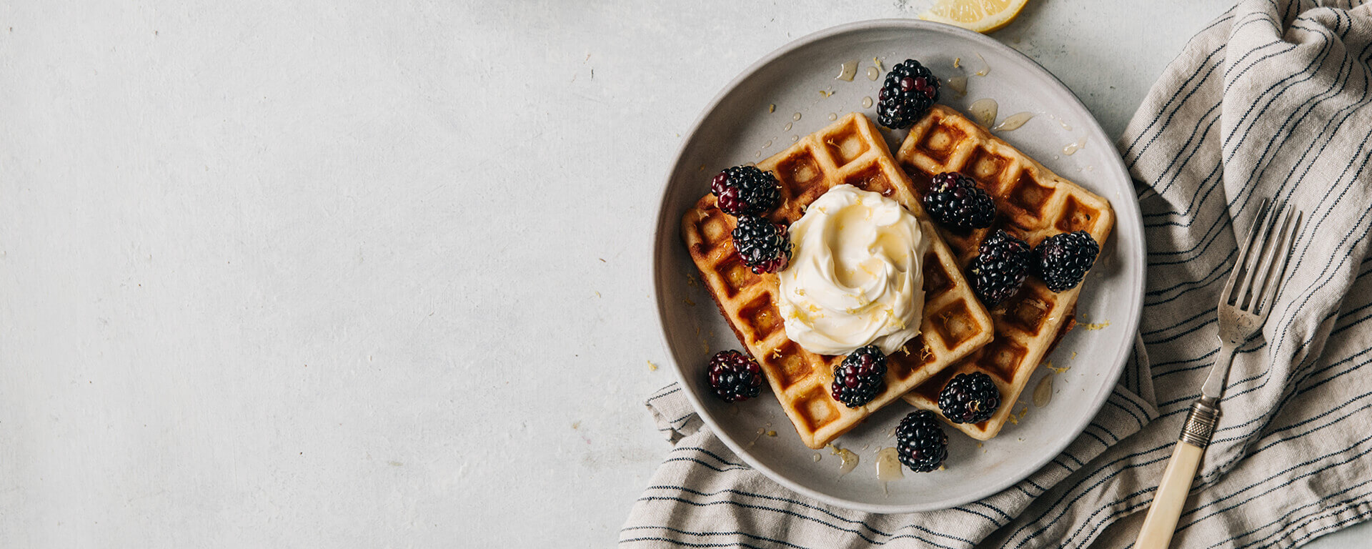 Waffles Topped With Honeyed Mascarpone Lemon Zest And Blackberries Recipe Vermont Creamery